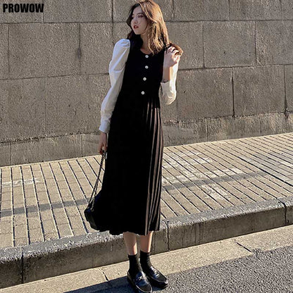 One-Piece Woman Pleated Dress Korean Long Sleeve Knitted Sweater Dresses 2020 Women Spring Autumn Women Sweater Knitt Dress Lady