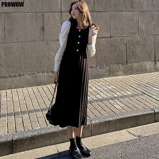 One-Piece Woman Pleated Dress Korean Long Sleeve Knitted Sweater Dresses 2020 Women Spring Autumn Women Sweater Knitt Dress Lady