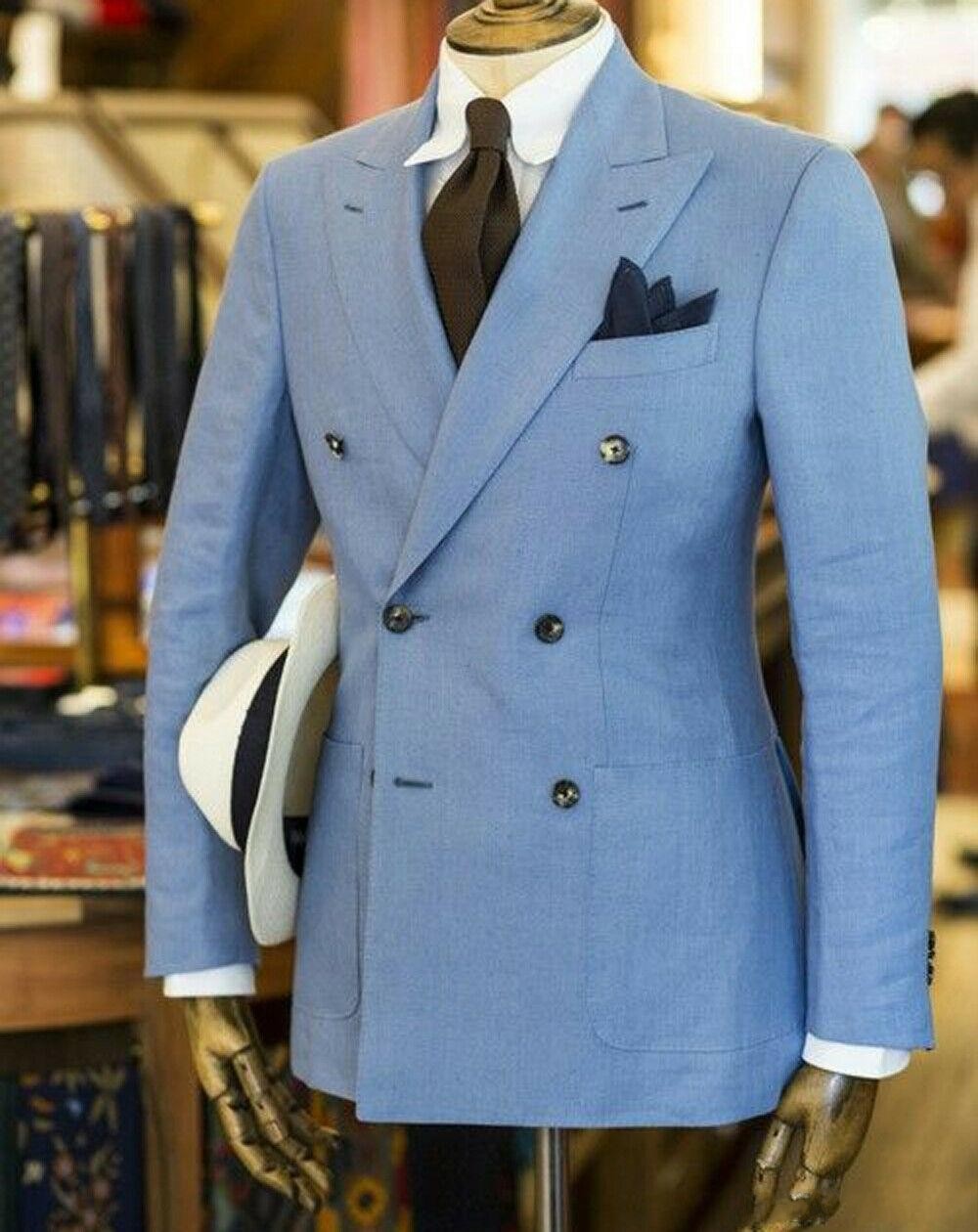 TPSAADE Men's Blue Linen Suits One Piece Jacket Double-breasted Peak Lapel Formal Wear Groom Best Man Suit Only a Coat