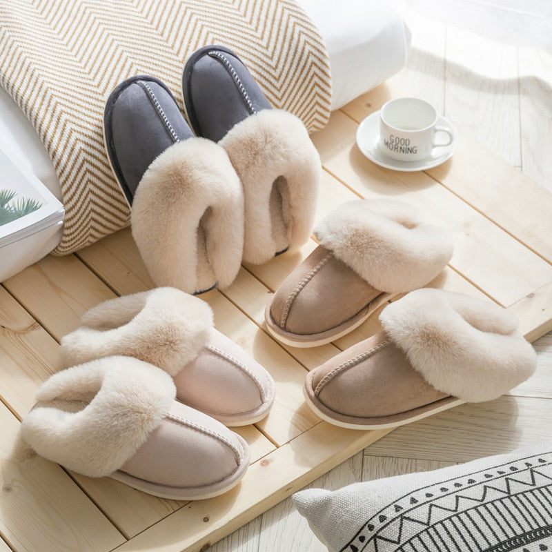 Women's Luxury Faux Suede Home Full Fur Slippers Winter Warm Plush Bedroom Non-slip Couples Shoes Indoor Ladies Furry Slippers