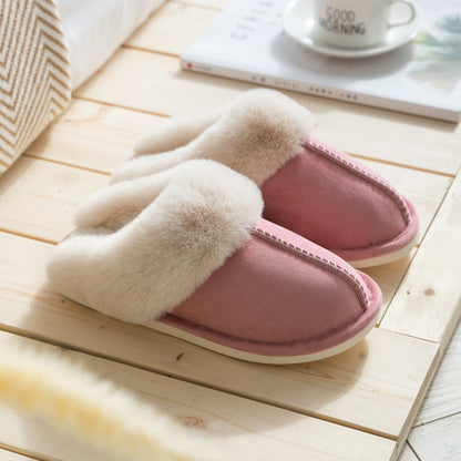 Women's Luxury Faux Suede Home Full Fur Slippers Winter Warm Plush Bedroom Non-slip Couples Shoes Indoor Ladies Furry Slippers