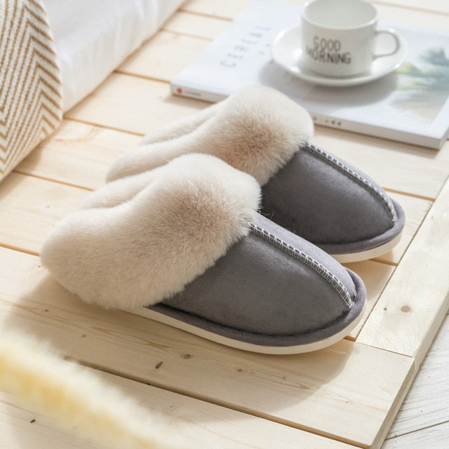 Women's Luxury Faux Suede Home Full Fur Slippers Winter Warm Plush Bedroom Non-slip Couples Shoes Indoor Ladies Furry Slippers