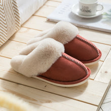 将图片加载到图库查看器，Women&#39;s Luxury Faux Suede Home Full Fur Slippers Winter Warm Plush Bedroom Non-slip Couples Shoes Indoor Ladies Furry Slippers
