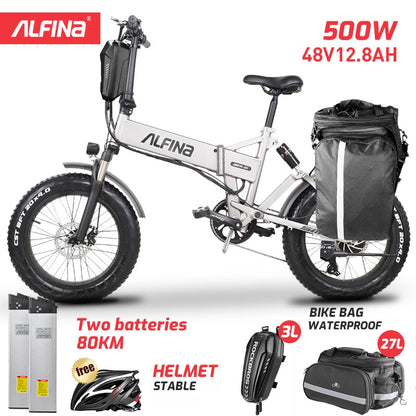 ALFINA New Electric Bicycle folding Snow Mountain Bike 20inch 4.0 Fat Tire Ebike Beach Bicicleta Eletrica  500W 40KM