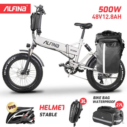 ALFINA New Electric Bicycle folding Snow Mountain Bike 20inch 4.0 Fat Tire Ebike Beach Bicicleta Eletrica  500W 40KM