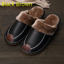 将图片加载到图库查看器，Men Slippers Black New Winter PU Leather Slippers Warm Indoor Slipper Waterproof Home House Shoes Men Warm Leather Slippers
