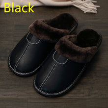 将图片加载到图库查看器，Men Slippers Black New Winter PU Leather Slippers Warm Indoor Slipper Waterproof Home House Shoes Men Warm Leather Slippers
