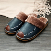 将图片加载到图库查看器，Men Slippers Black New Winter PU Leather Slippers Warm Indoor Slipper Waterproof Home House Shoes Men Warm Leather Slippers
