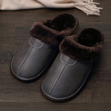 将图片加载到图库查看器，Men Slippers Black New Winter PU Leather Slippers Warm Indoor Slipper Waterproof Home House Shoes Men Warm Leather Slippers
