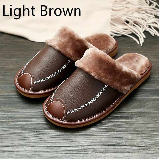 Men Slippers Black New Winter PU Leather Slippers Warm Indoor Slipper Waterproof Home House Shoes Men Warm Leather Slippers