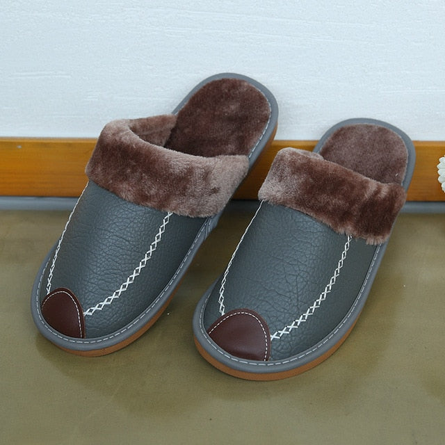 Men Slippers Black New Winter PU Leather Slippers Warm Indoor Slipper Waterproof Home House Shoes Men Warm Leather Slippers