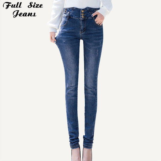 Plus Size Extra Long High Waist Button Up Pencil Pants For Tall Girl 5XL 7XL Women Stretch Skinny Blue Denim Causal Trousers