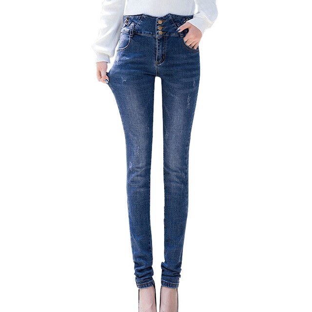 Plus Size Extra Long High Waist Button Up Pencil Pants For Tall Girl 5XL 7XL Women Stretch Skinny Blue Denim Causal Trousers