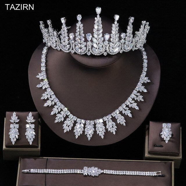 Luxury Zircon Wedding Bridal Jewelry Sets Cubic Zirconia Party Tall Tiara Queen Crown Necklace Bracelet Earrings Rings Sets