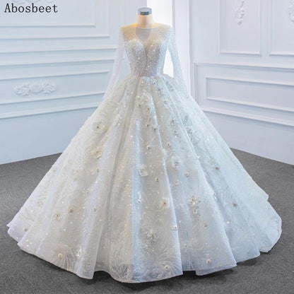 3D Flowers Ball Gown Wedding Dress Long Sleeve Sequins Pearls Beads Shining Wedding Gown Court Train Bridal Gown Lace Up