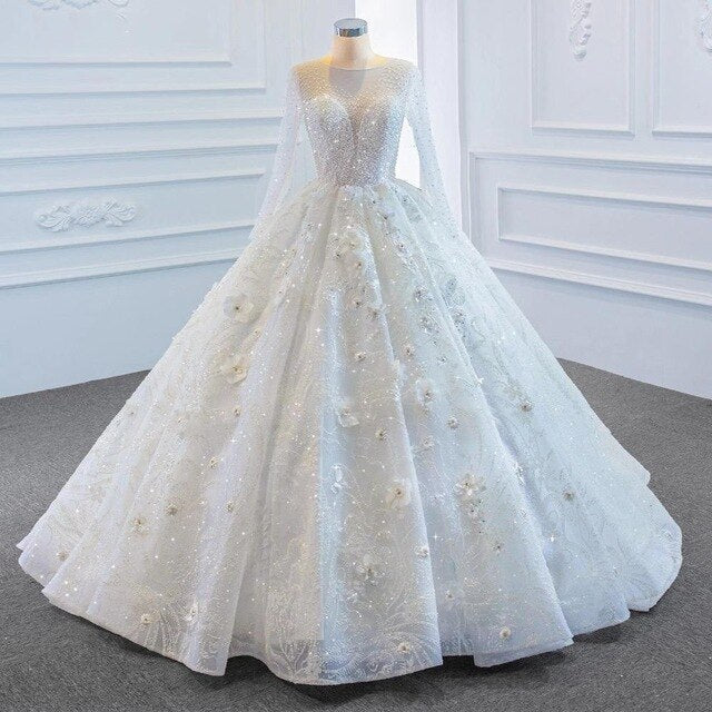 3D Flowers Ball Gown Wedding Dress Long Sleeve Sequins Pearls Beads Shining Wedding Gown Court Train Bridal Gown Lace Up