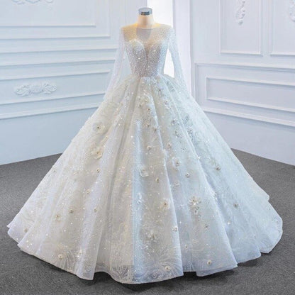 3D Flowers Ball Gown Wedding Dress Long Sleeve Sequins Pearls Beads Shining Wedding Gown Court Train Bridal Gown Lace Up