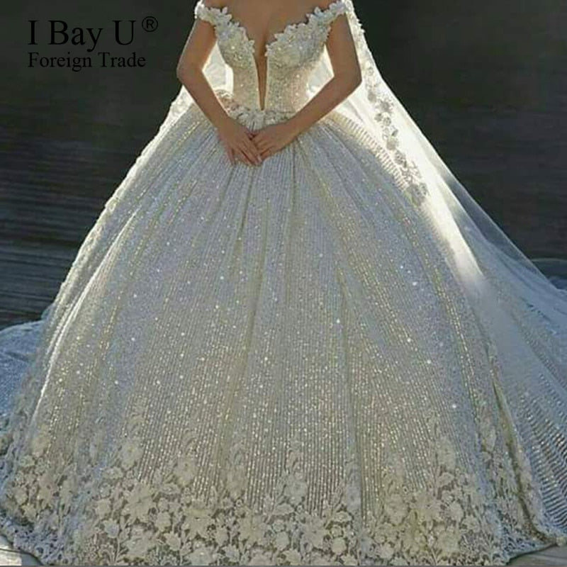 Luxury Sequins Lace Wedding Dresses 2021 3D Flower Ivory Shiny Beading Ball Gown Bridal Gowns Dress Dubai Vestidos De Novia