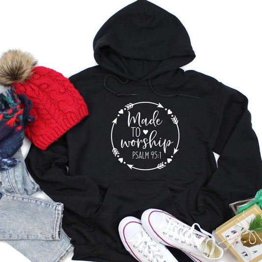 Made To Worship Psalm 95:1 Christian Graphic Hoodies Women Bible Faithful Woman Clothes Church Clothing Long Sleeve Jumper Tops