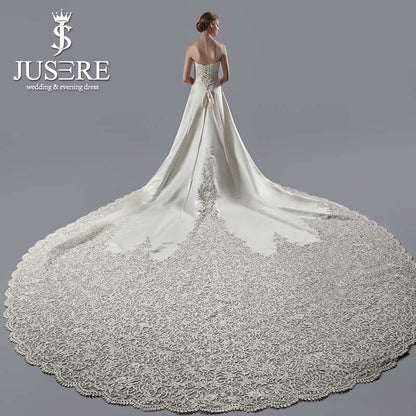 JUSERE Exquisite A-Line Strapless Embroidery Real Pic 3 Meters Long Cathedral Train Satin  Wedding Dress Wedding Gown 2018