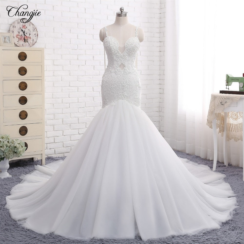 New Arrival New Mermaid Wedding Dresses 2018 Sweetheart Spaghetti Strap Chapel Train Appliques Tulle China Bridal Gowns