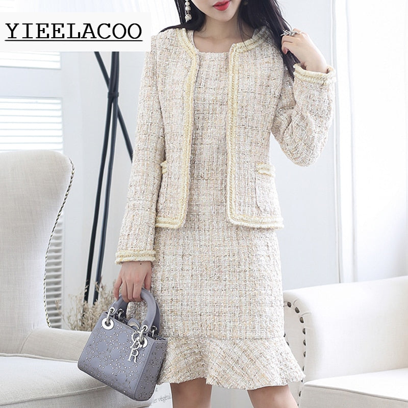 Khaki tweed jacket + sleeveless dress suit sequined fabric custom autumn / winter women's jacket ladies 2-piece dress suit
