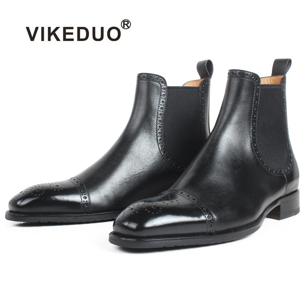 VIKEDUO Autumn New Men's Chelsea Boots Slip-on Black Genuine Cow Skin Handmade Brogue Patina Blake Ankle Leather Boots For Men