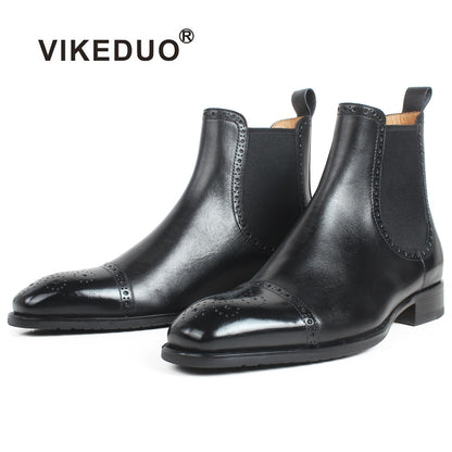 VIKEDUO Autumn New Men's Chelsea Boots Slip-on Black Genuine Cow Skin Handmade Brogue Patina Blake Ankle Leather Boots For Men