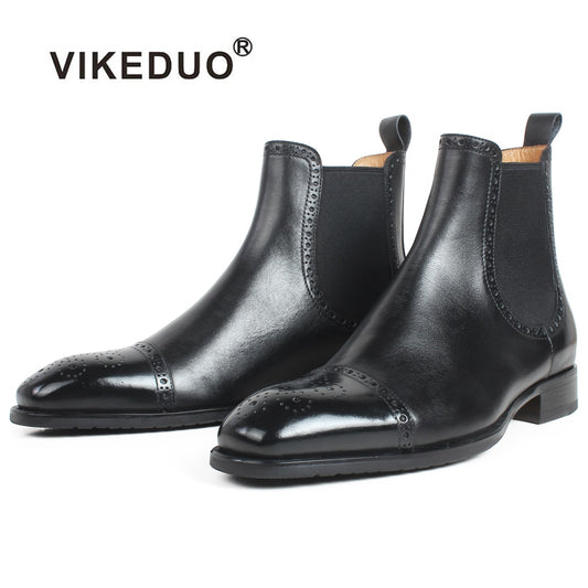 VIKEDUO Autumn New Men's Chelsea Boots Slip-on Black Genuine Cow Skin Handmade Brogue Patina Blake Ankle Leather Boots For Men