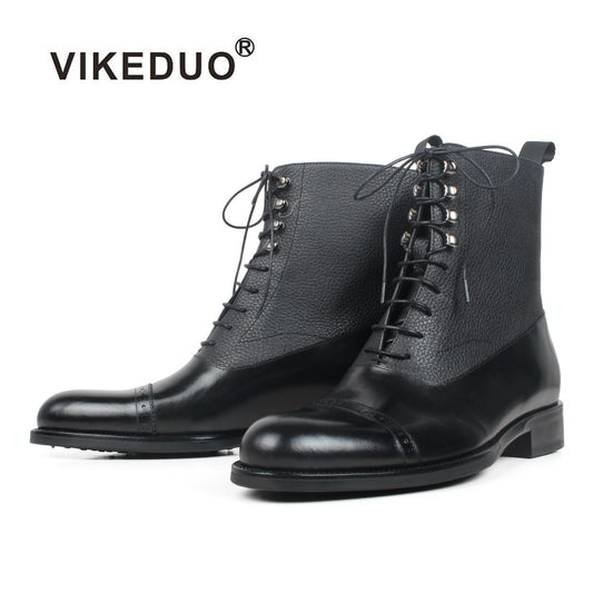 VIKEDUO Black Men's Footwear Round Toe Ankle Boots Patchwork Handmade Leather Boots Men Autumn Winter Men's Boot Botas Hombre
