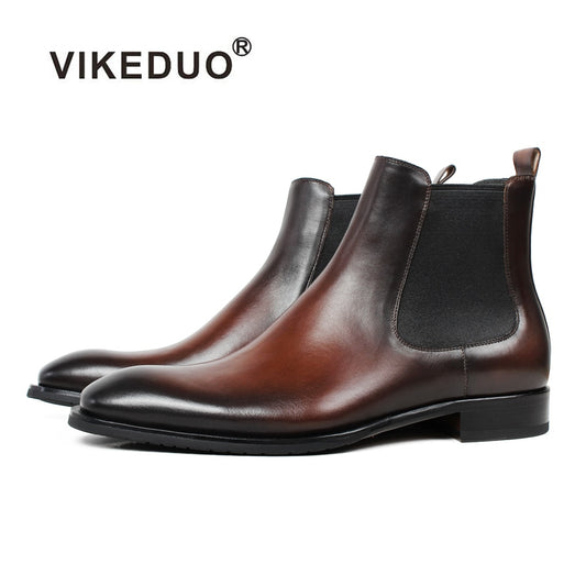 Vikeduo Handmade Men's Chelsea Boots 2019 Genuine Leather Shoes Solid Male Vintage Boot Ankle Party Office Brown Sapatos
