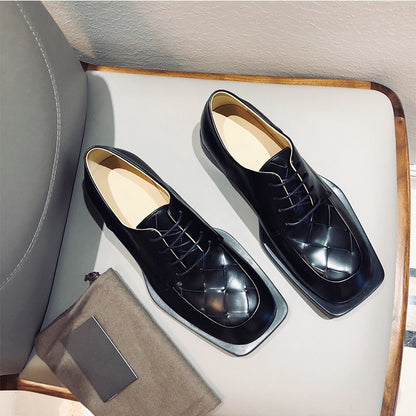 British Leather Men's Top Layer Square Toe Dress Shoes Thick Bottom Knitting Business Versatile Formal Dress Trend