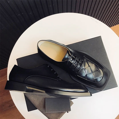 British Leather Men's Top Layer Square Toe Dress Shoes Thick Bottom Knitting Business Versatile Formal Dress Trend