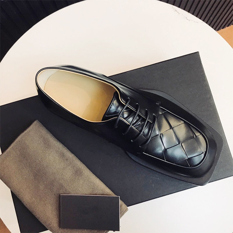 British Leather Men's Top Layer Square Toe Dress Shoes Thick Bottom Knitting Business Versatile Formal Dress Trend