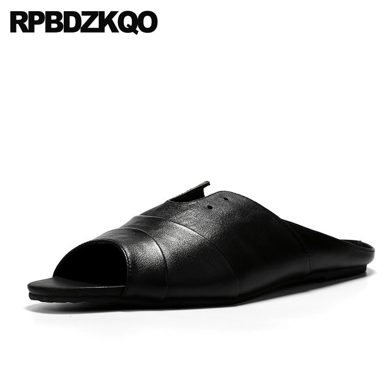 Men's slippers 2019 italian flat slides genuine leather breathable casual black designer shoes men high quality slip on summer sandals