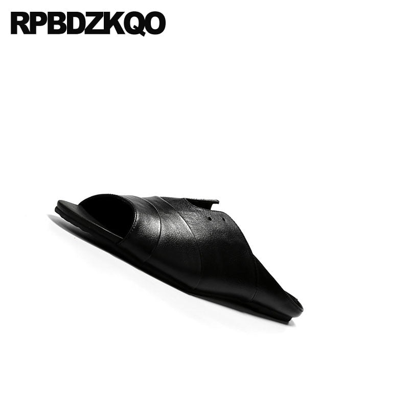 Men's slippers 2019 italian flat slides genuine leather breathable casual black designer shoes men high quality slip on summer sandals