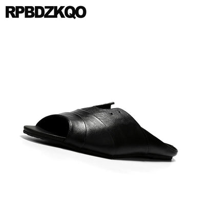 Men's slippers 2019 italian flat slides genuine leather breathable casual black designer shoes men high quality slip on summer sandals
