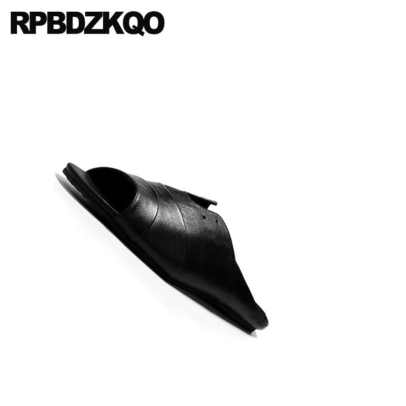 Men's slippers 2019 italian flat slides genuine leather breathable casual black designer shoes men high quality slip on summer sandals