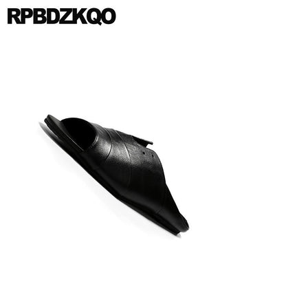Men's slippers 2019 italian flat slides genuine leather breathable casual black designer shoes men high quality slip on summer sandals