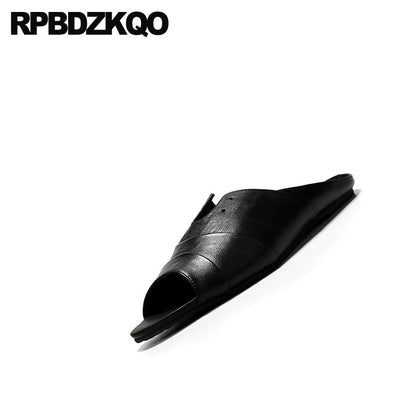 Men's slippers 2019 italian flat slides genuine leather breathable casual black designer shoes men high quality slip on summer sandals