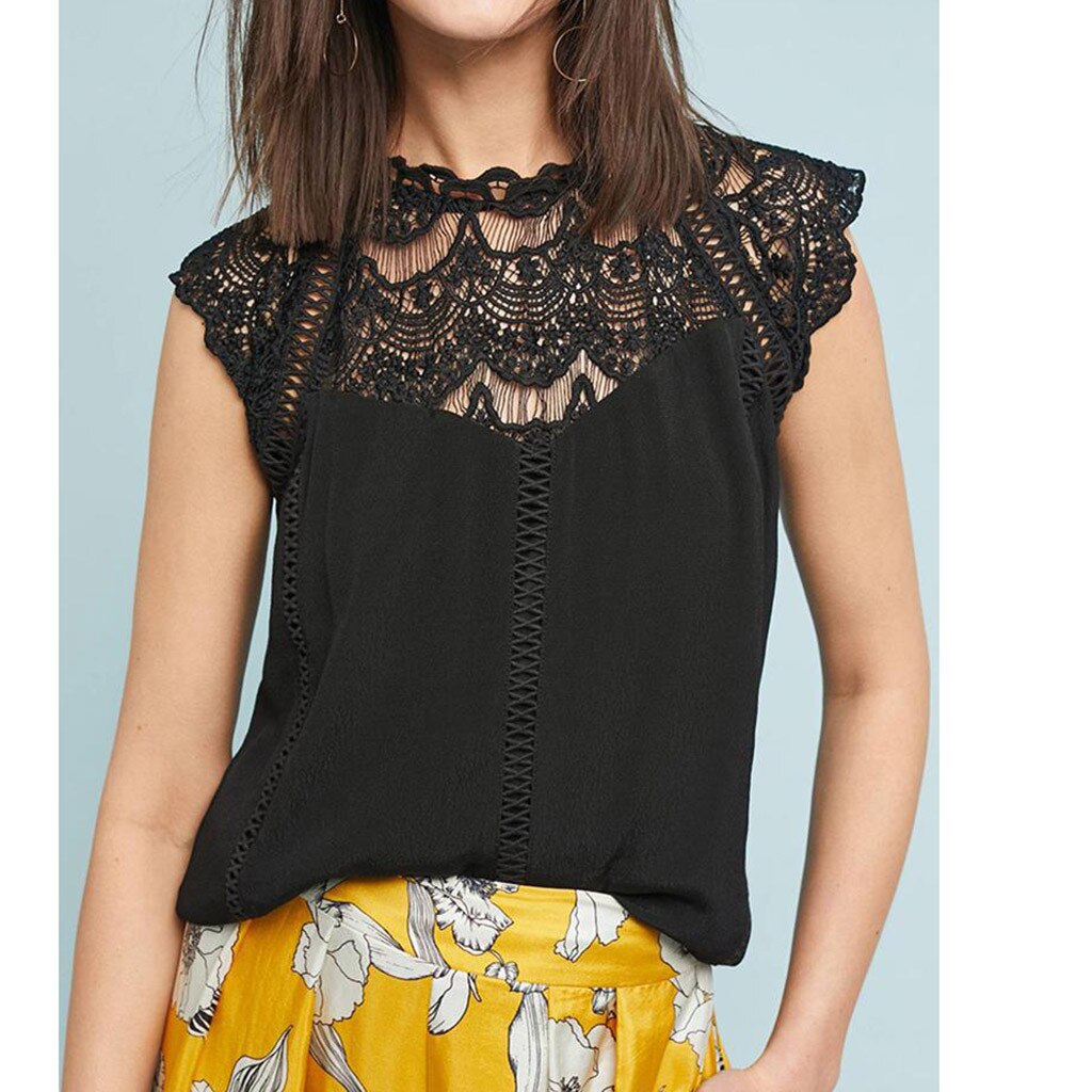 Chiffon Blouse Women Lace Solid Sleeveless Hollow Blouse Tops Shirt Women's Pattern hollow Clothing