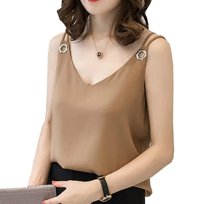 summer chiffon women blouse shirt new 2018 fashion sleeveless sexy strap women's tops solid V neck plus size clothing