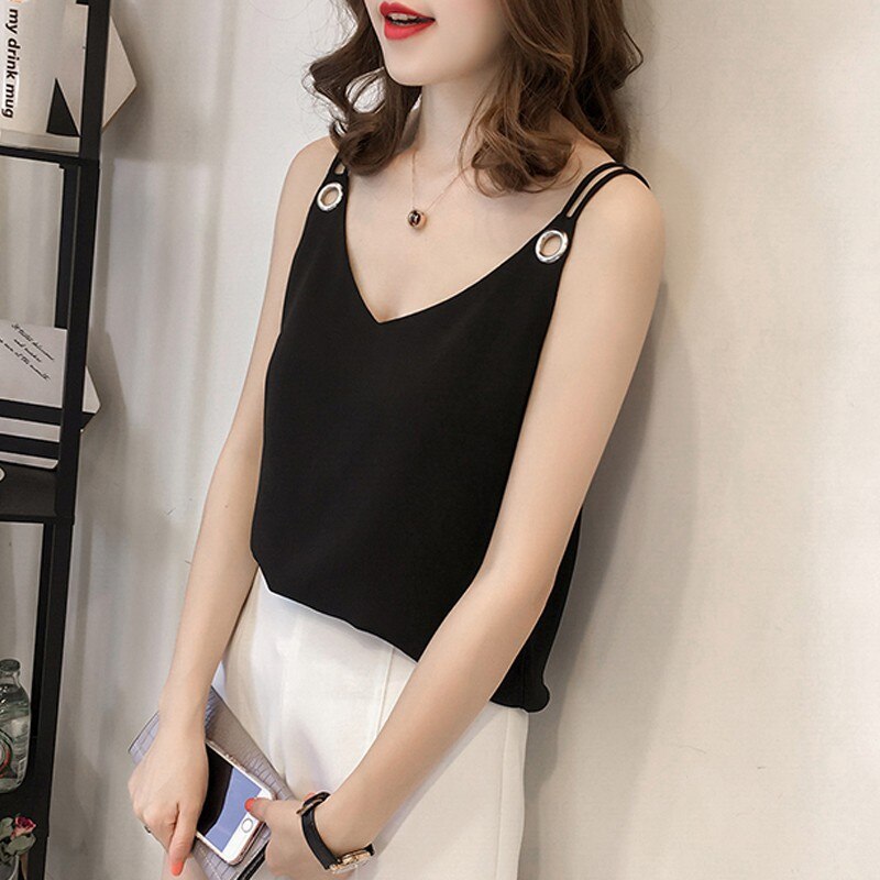 summer chiffon women blouse shirt new 2018 fashion sleeveless sexy strap women's tops solid V neck plus size clothing