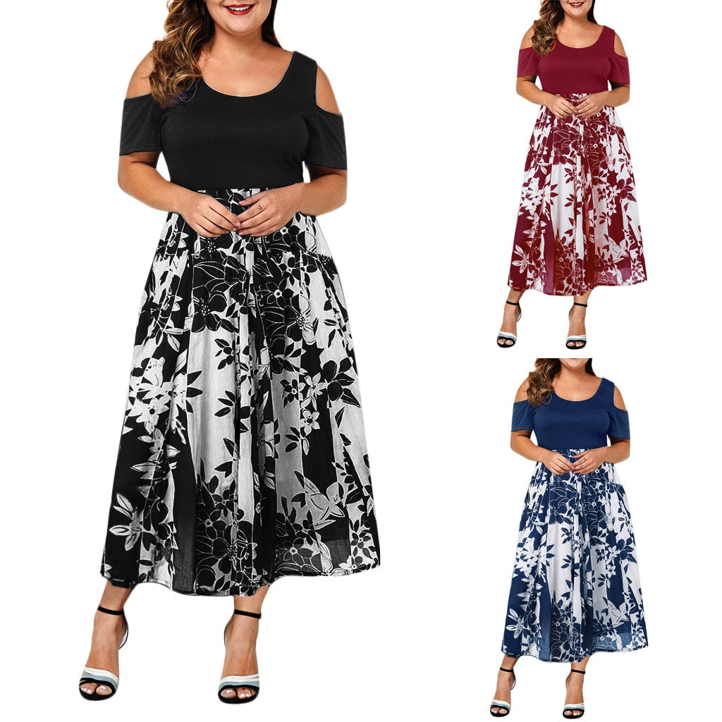 summer dress women 2019 robe femme vestidos de verano Casual Plus Size O-Neck Print Stitching Off-Shoulder Short Sleeve Dress Z4