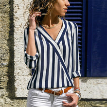 将图片加载到图库查看器，women clothing Striped white blouse long sleeve shirts V Neck Chiffon loose Full blouses 2019 summer new black blue red 3xl
