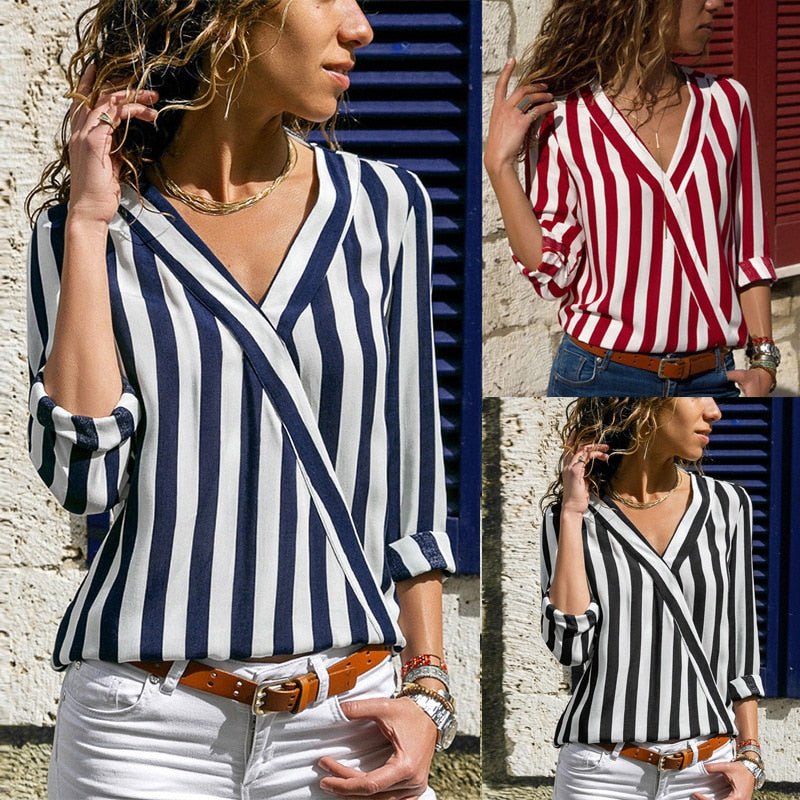 women clothing Striped white blouse long sleeve shirts V Neck Chiffon loose Full blouses 2019 summer new black blue red 3xl