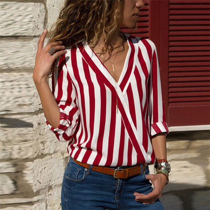 women clothing Striped white blouse long sleeve shirts V Neck Chiffon loose Full blouses 2019 summer new black blue red 3xl