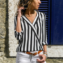 将图片加载到图库查看器，women clothing Striped white blouse long sleeve shirts V Neck Chiffon loose Full blouses 2019 summer new black blue red 3xl
