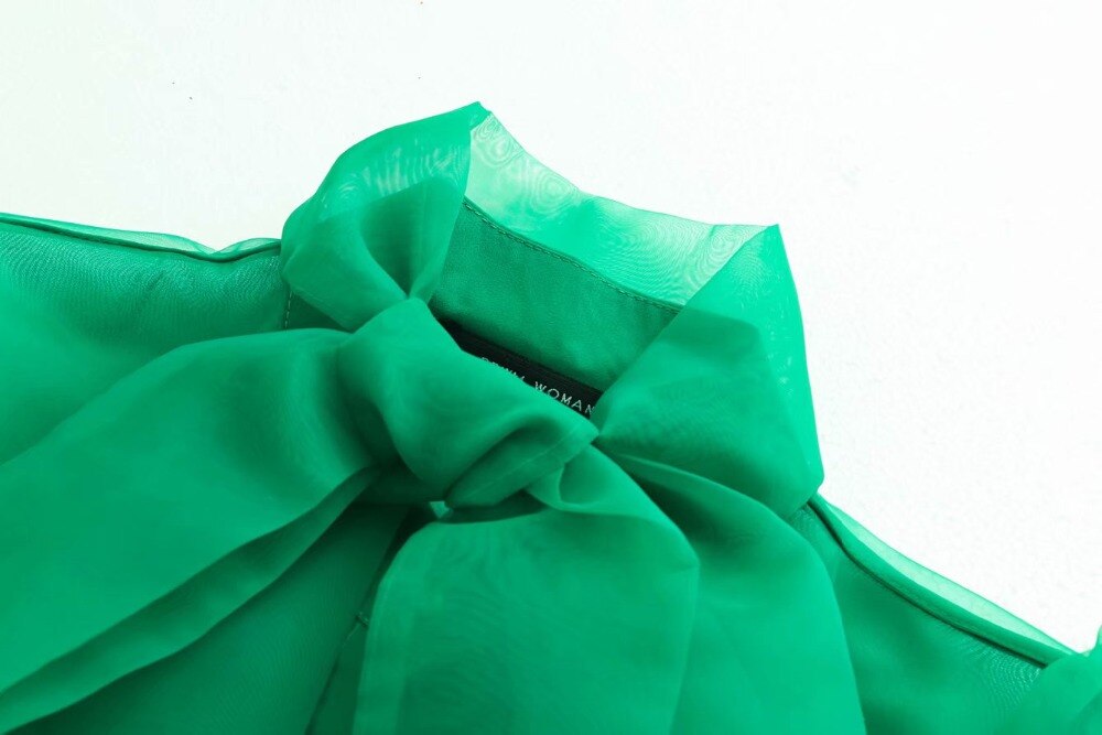 Women's High Street Bow Collar Transparent Organza Green Smock Shirt Blouse Long Sleeve Buttons