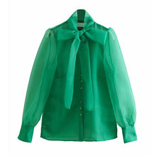 Load image into Gallery viewer, Women&#39;s High Street Bow Collar Transparent Organza Green Smock Shirt Blouse Long Sleeve Buttons
